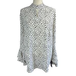 Nygard Blouse Women Sz L White Black Polka Dot Keyhole Neck Flounce Bell Sleeves
